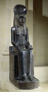 Statue av den løvehodede gudinnen Sekhmet, fra Temple of Mut, Karnak, New Kingdom, ca. 1391-1353 f.Kr. (dioritt) (se også 218945)